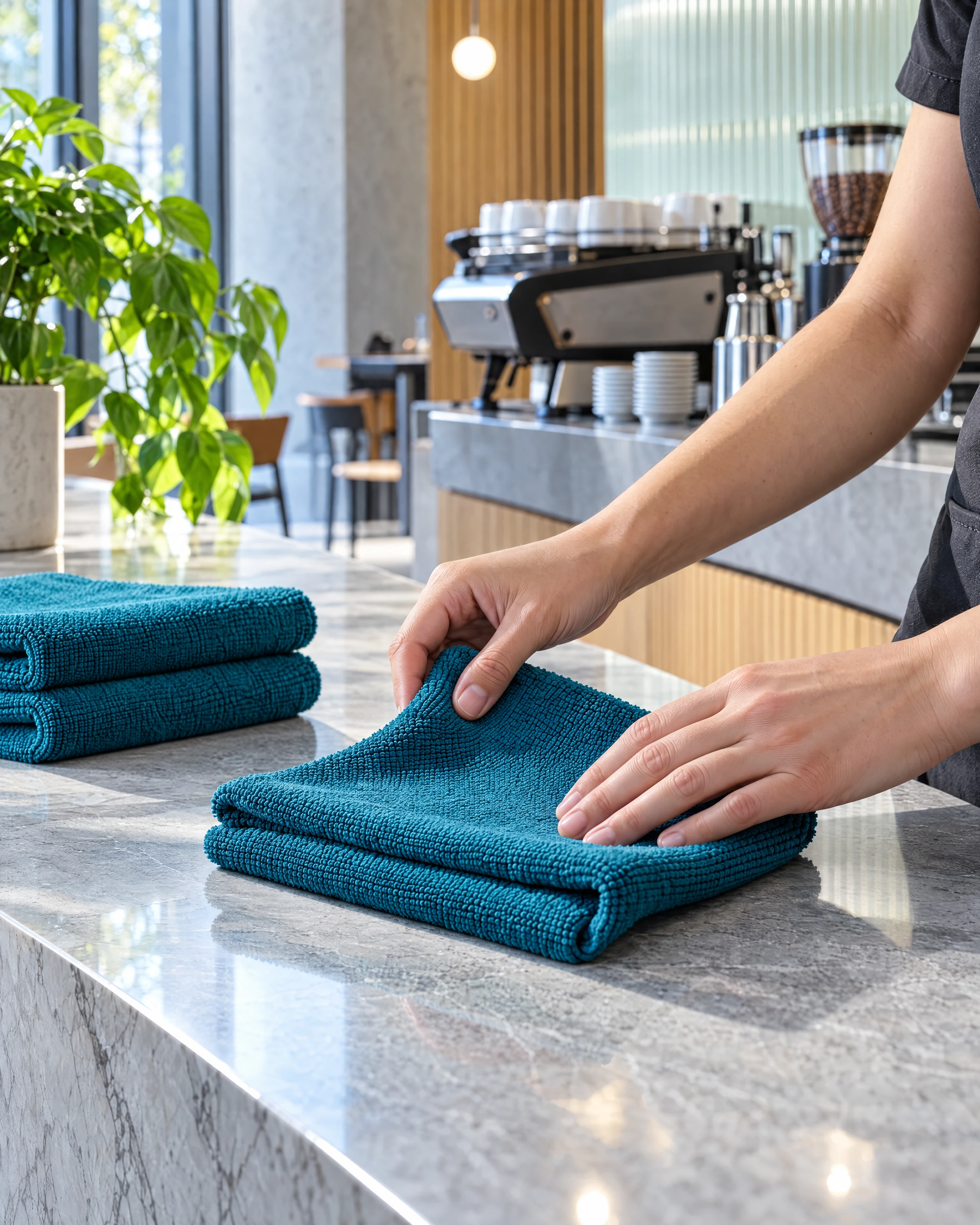 Hands fold a turquoise microfibre cloth beside a prepared stack of blue cloths.